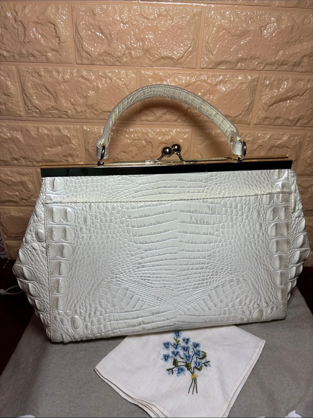 Brahmin White Pearlescent Croc-Embossed Kiss Lock Frame Satchel with Top Handle
